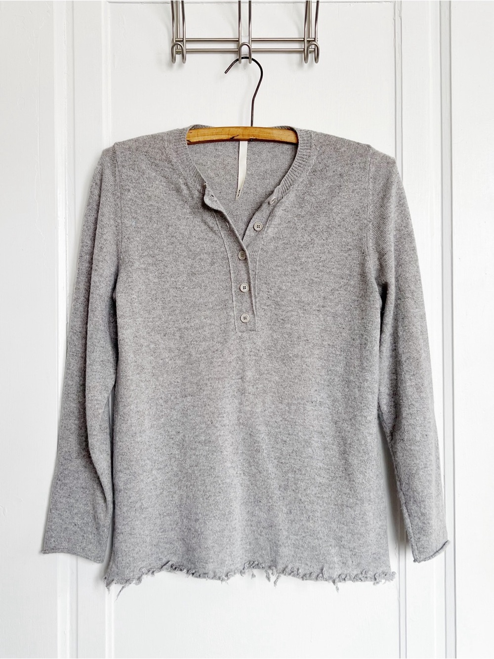 MJW • Cashmere Henley Sweater pullover cropped silk grey distressed frayed knit